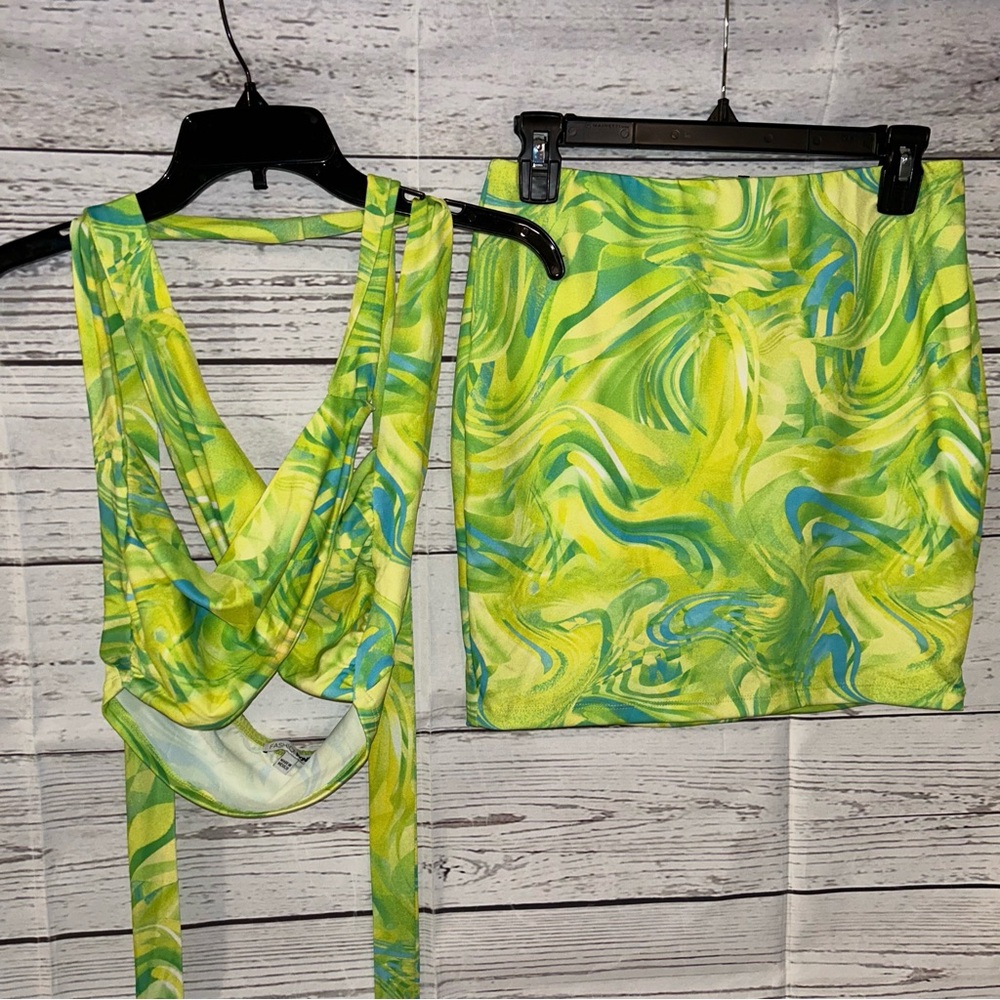 Vibrant Green and Blue Skirt Set